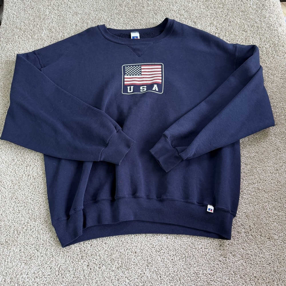 Y2K Russell Athletic Sweatshirt Mens 2XL Blue Fleece Pullover USA Flag Crewneck